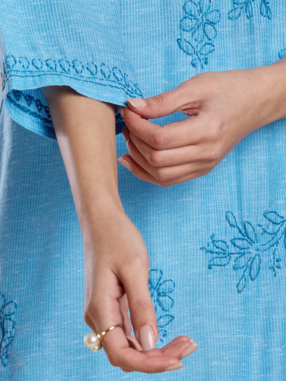 Bright Blue Linen Cotton Lucknowi Chikankari Kurta