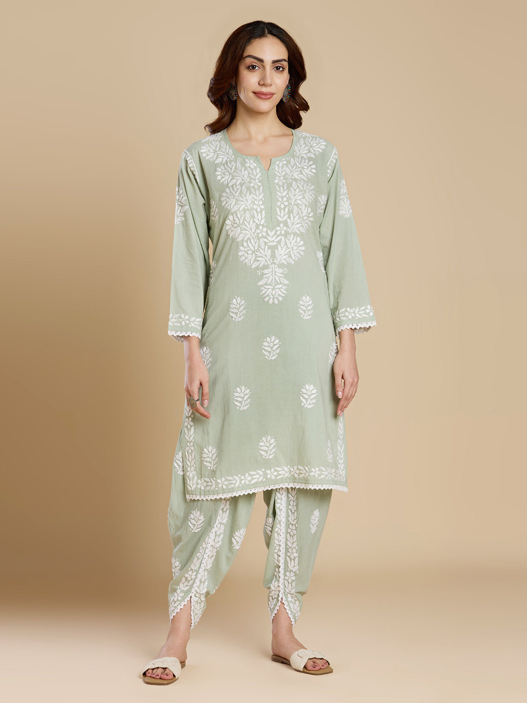 Sage Green Mul Cotton Chikankari Kurta Set - Dhoti Pant