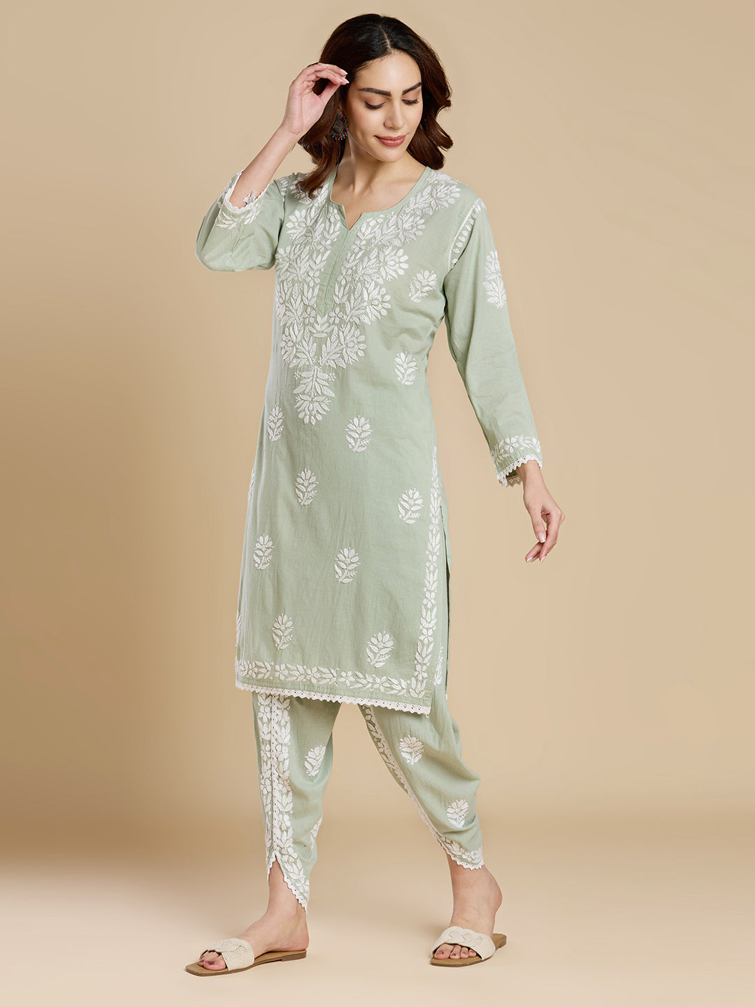 Sage Green Mul Cotton Chikankari Kurta Set - Dhoti Pant