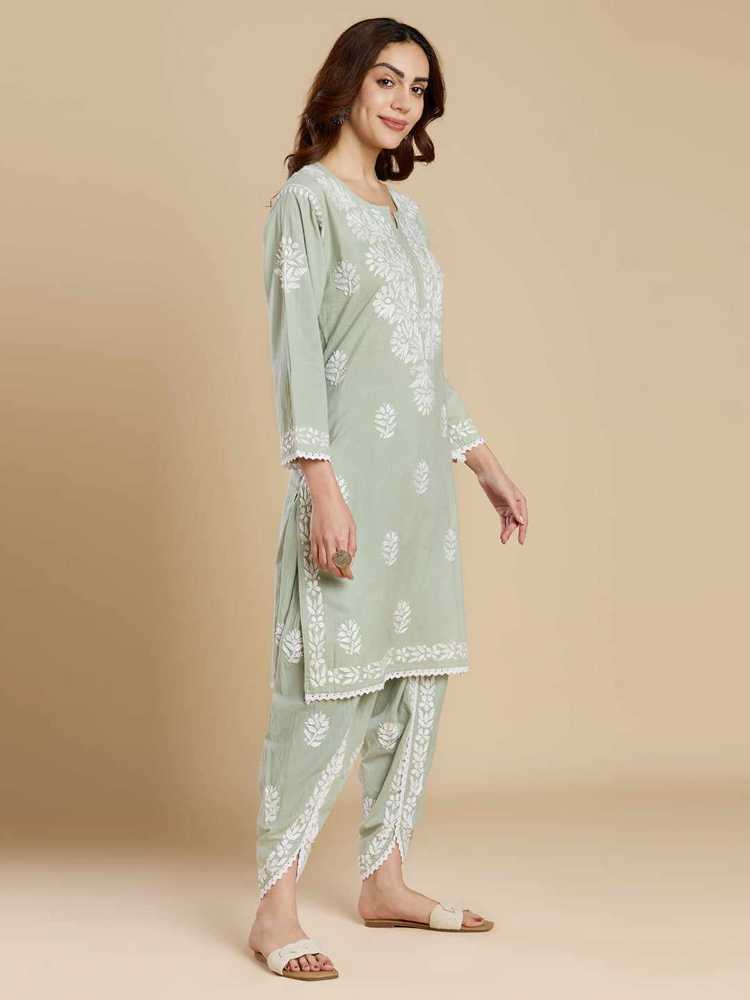 Sage Green Mul Cotton Chikankari Kurta Set - Dhoti Pant