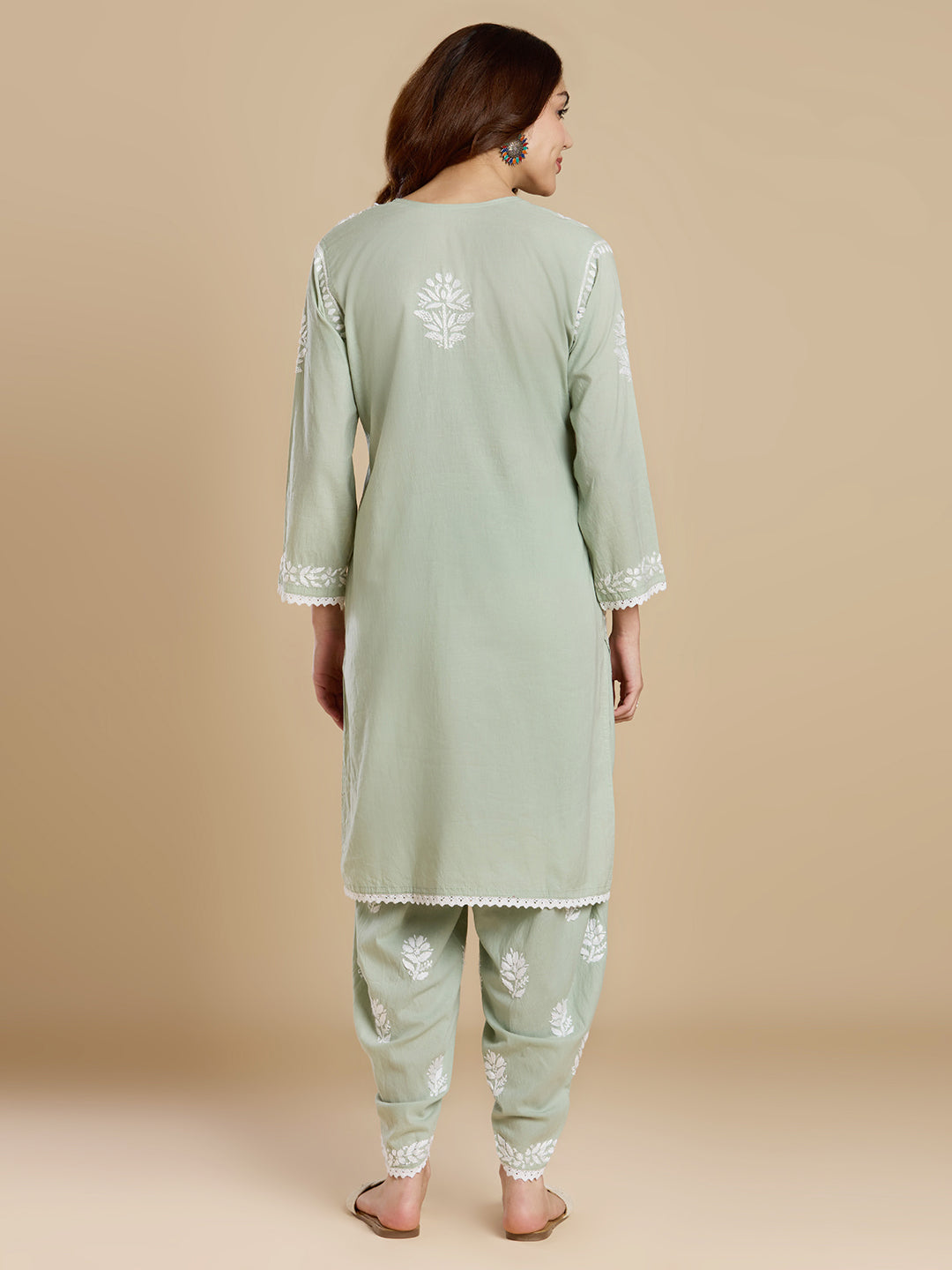 Sage Green Mul Cotton Chikankari Kurta Set - Dhoti Pant
