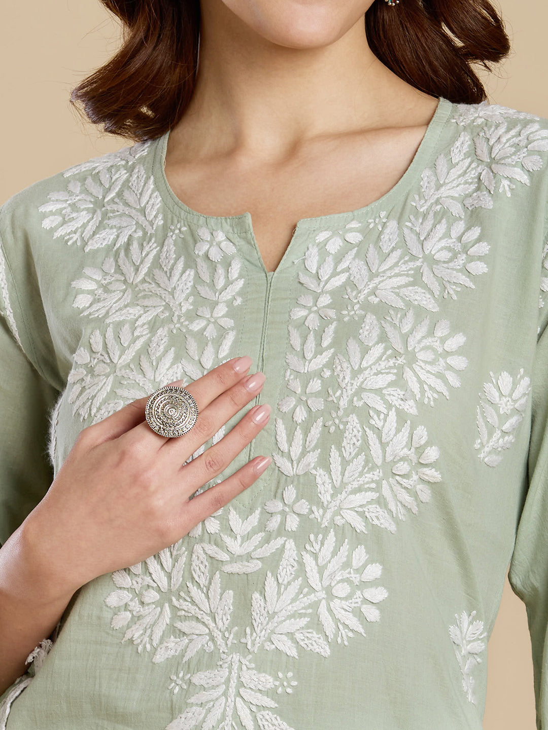 Sage Green Mul Cotton Chikankari Kurta Set - Dhoti Pant