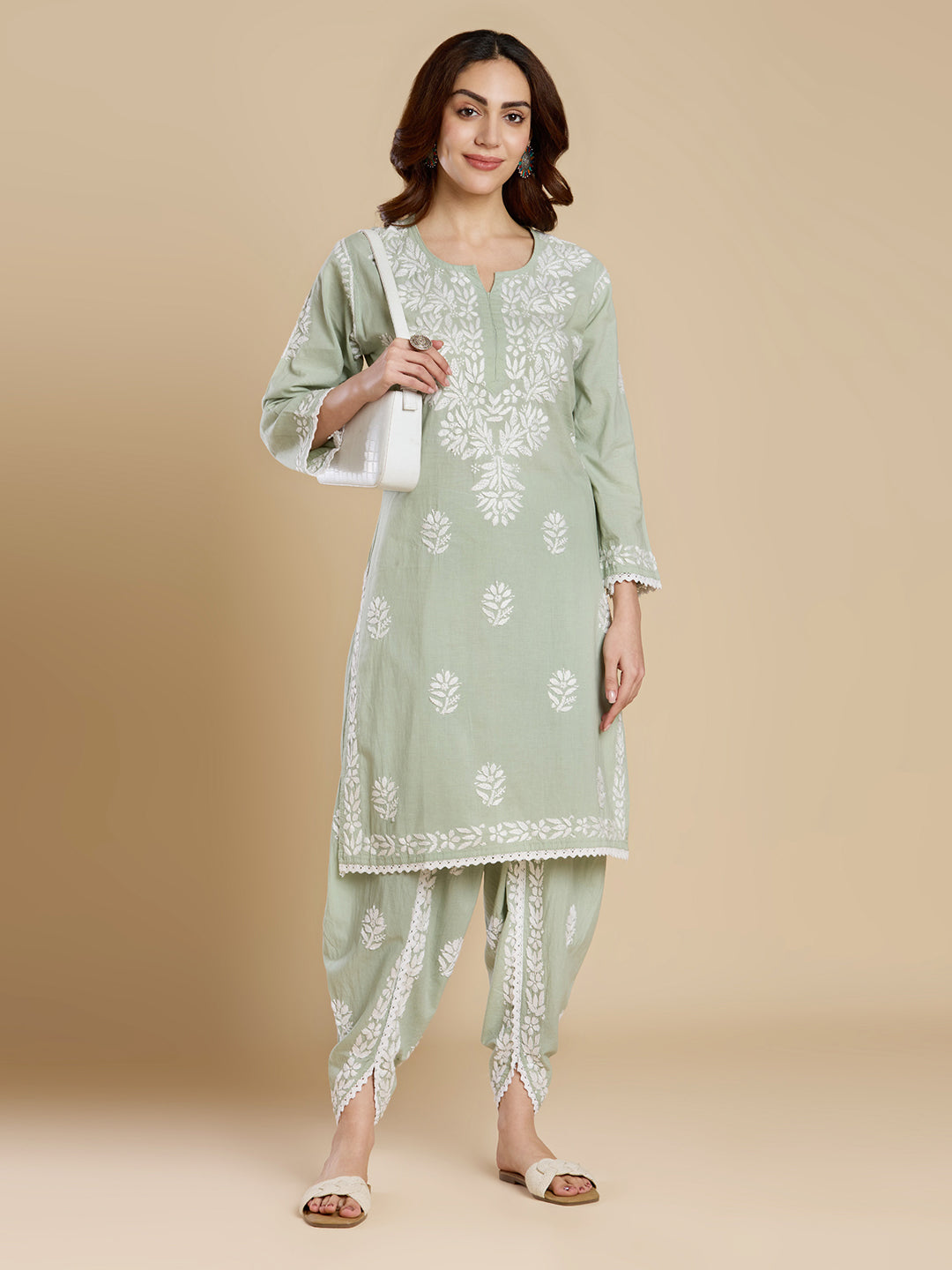 Sage Green Mul Cotton Chikankari Kurta Set - Dhoti Pant