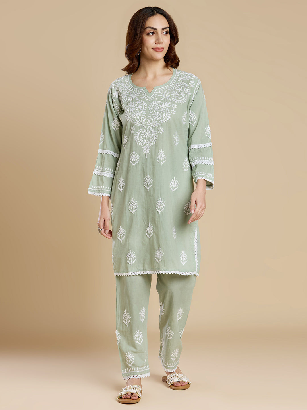 Sage Green Mul Cotton Chikankari Kurta Set