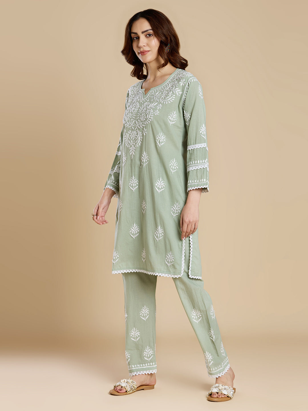 Sage Green Mul Cotton Chikankari Kurta Set