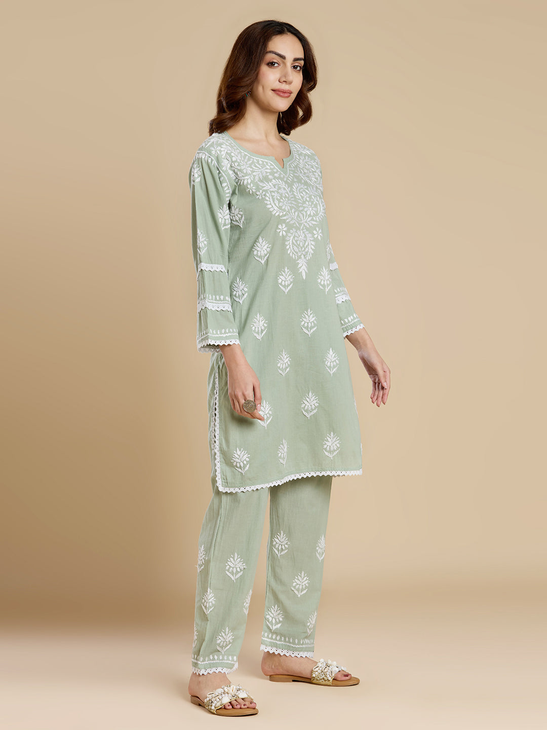 Sage Green Mul Cotton Chikankari Kurta Set