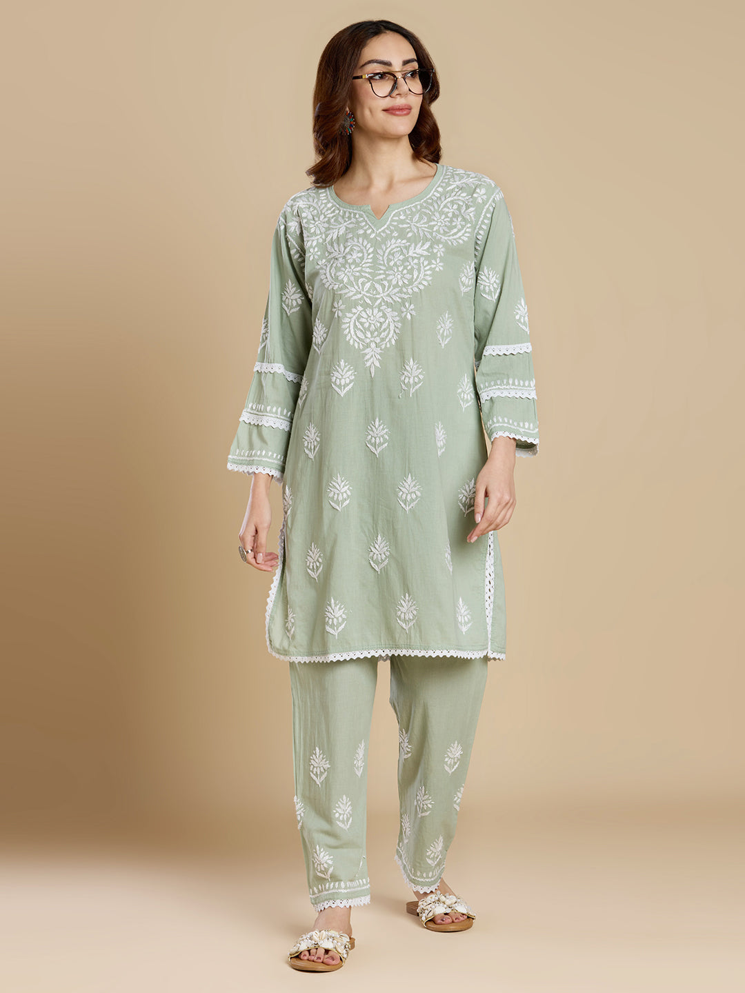 Sage Green Mul Cotton Chikankari Kurta Set