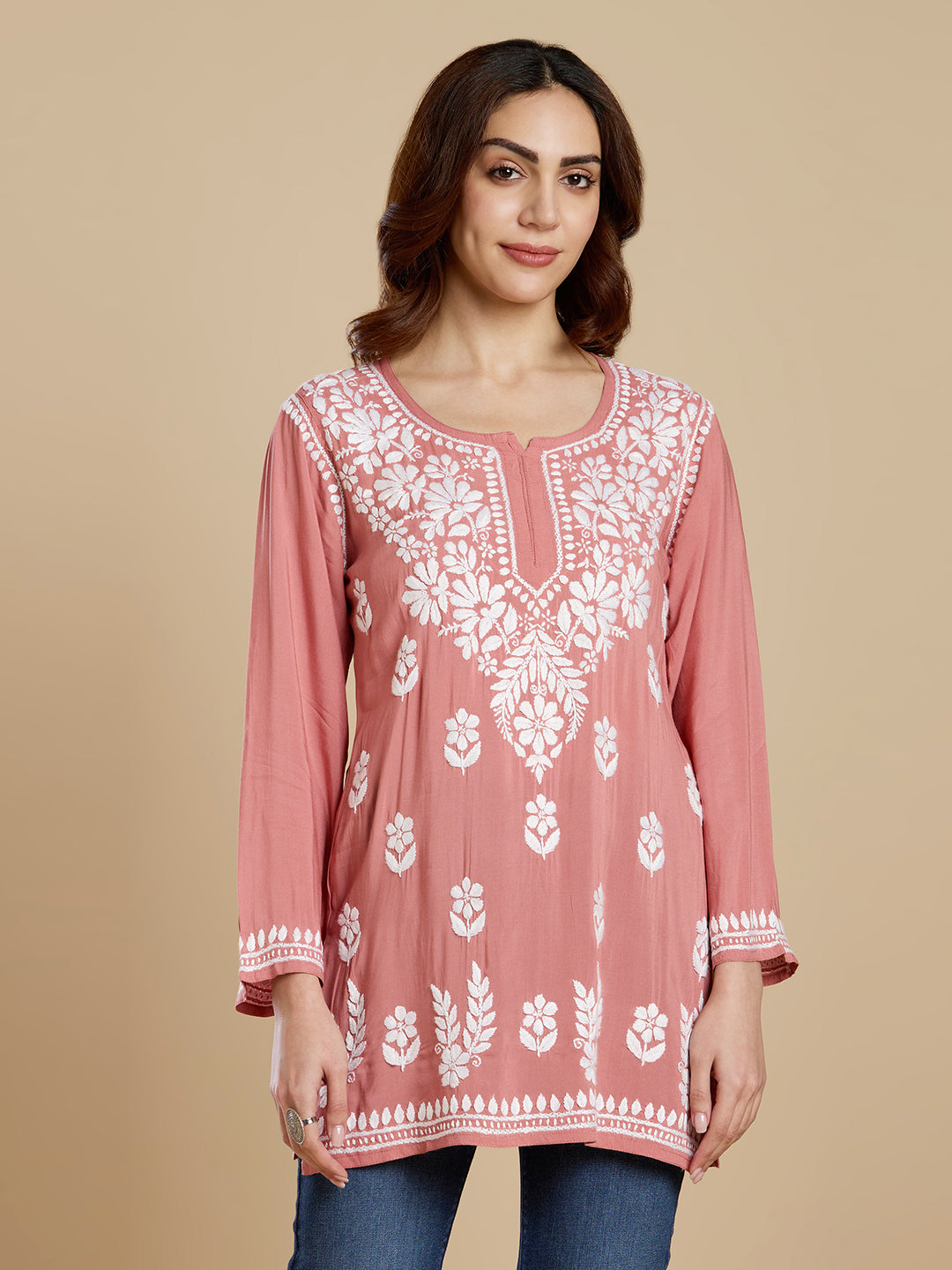 Rose Pink Modal Lucknowi Chikankari Short Kurta