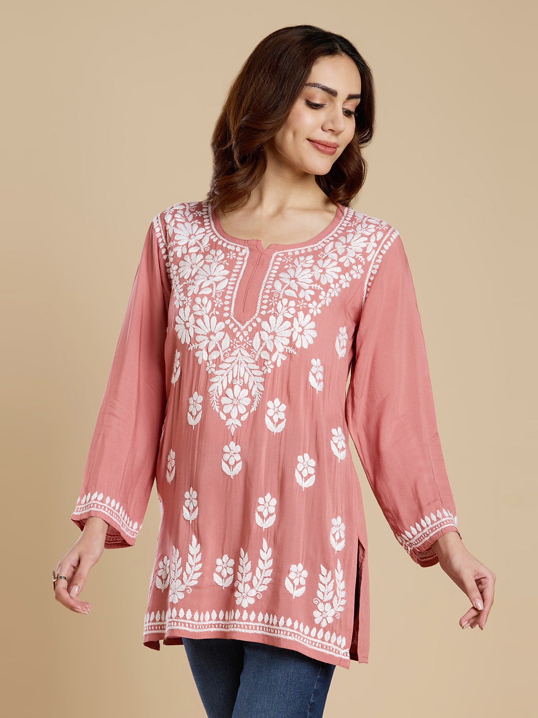 Rose Pink Modal Lucknowi Chikankari Short Kurta