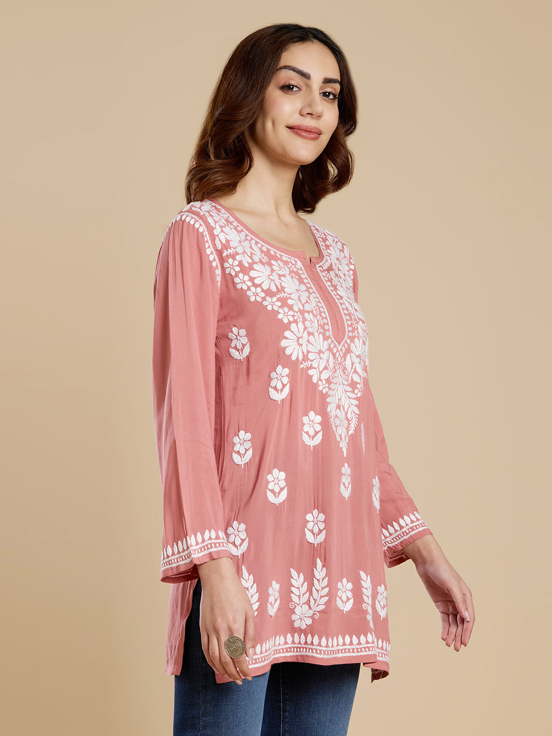 Rose Pink Modal Lucknowi Chikankari Short Kurta