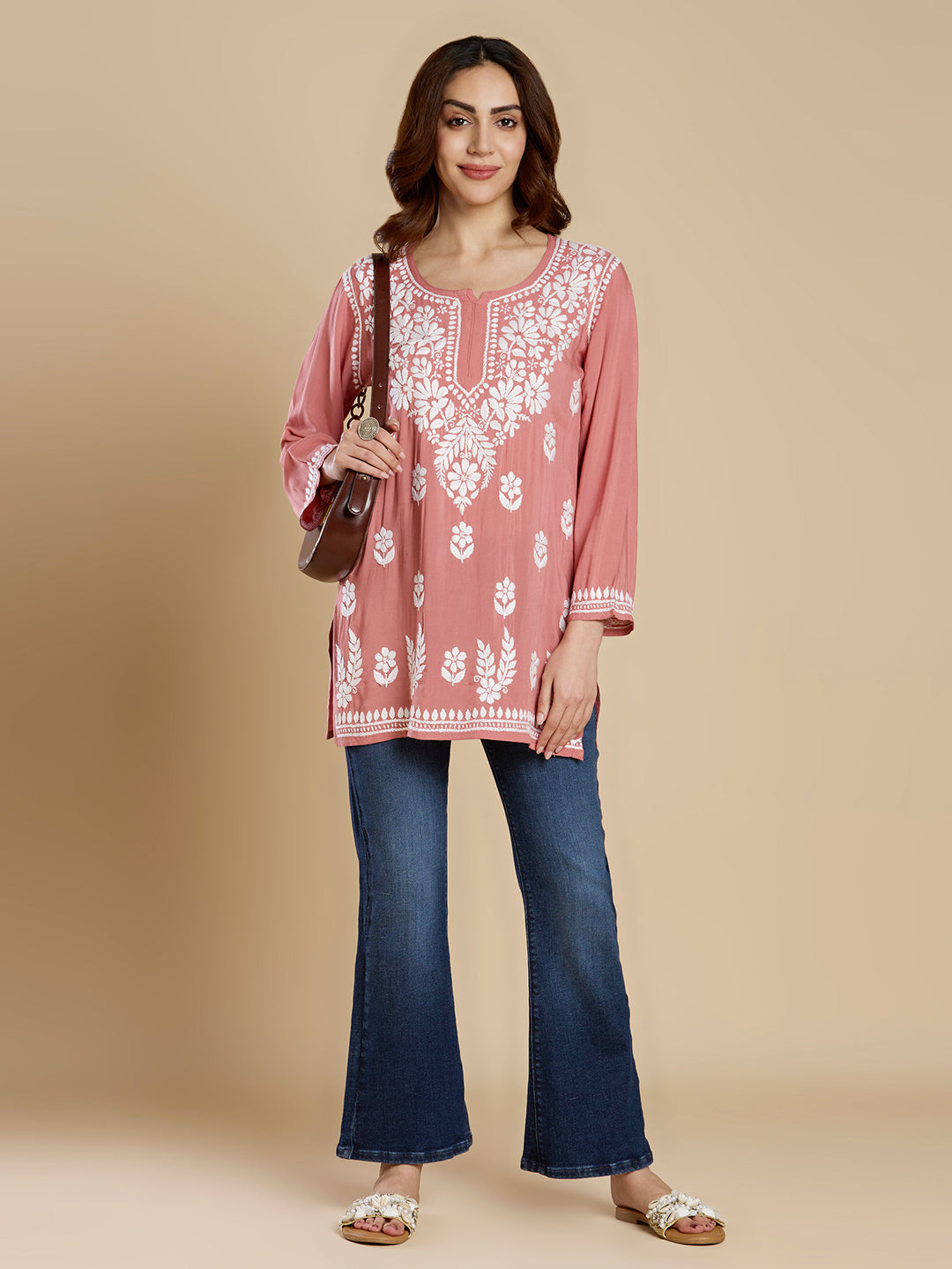Rose Pink Modal Lucknowi Chikankari Short Kurta