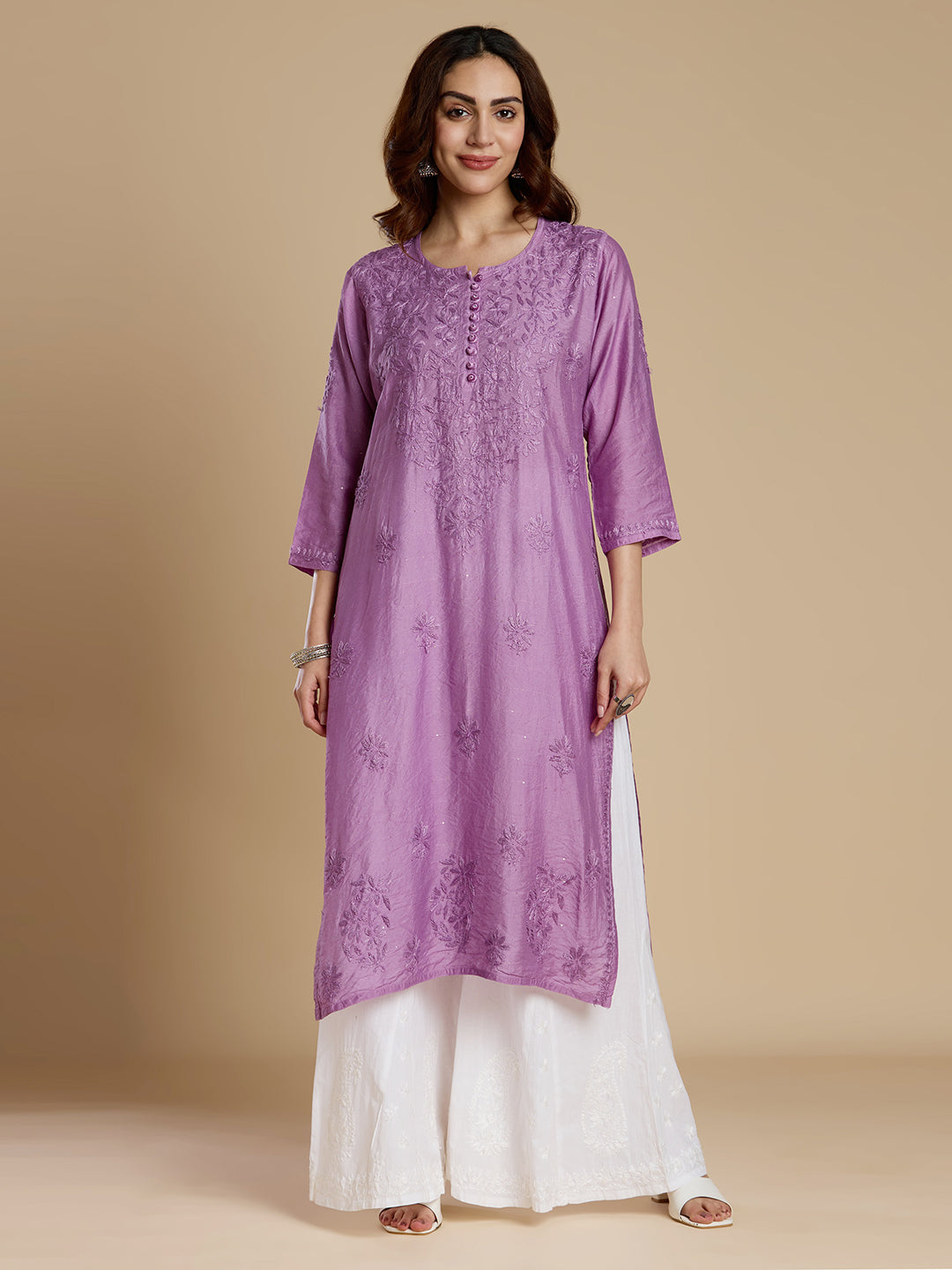Dark Lavender Chanderi Lucknowi Chikankari Kurta