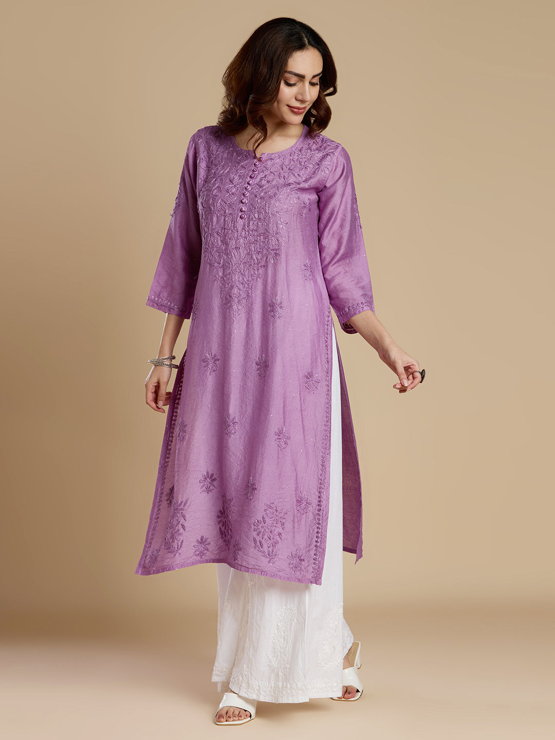 Dark Lavender Chanderi Lucknowi Chikankari Kurta