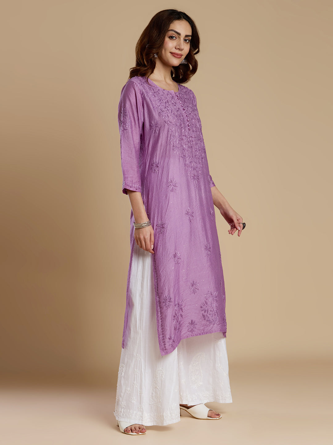 Dark Lavender Chanderi Lucknowi Chikankari Kurta