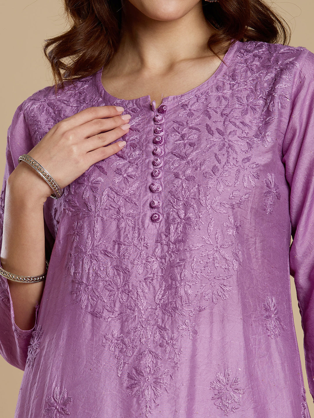 Dark Lavender Chanderi Lucknowi Chikankari Kurta