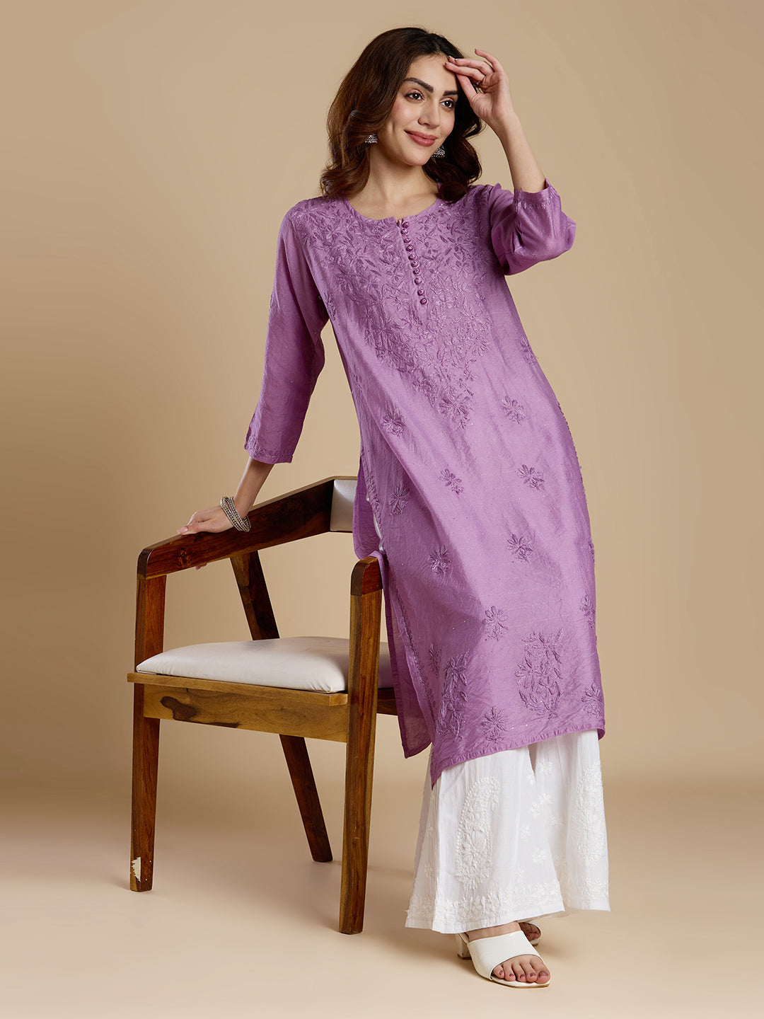 Dark Lavender Chanderi Lucknowi Chikankari Kurta