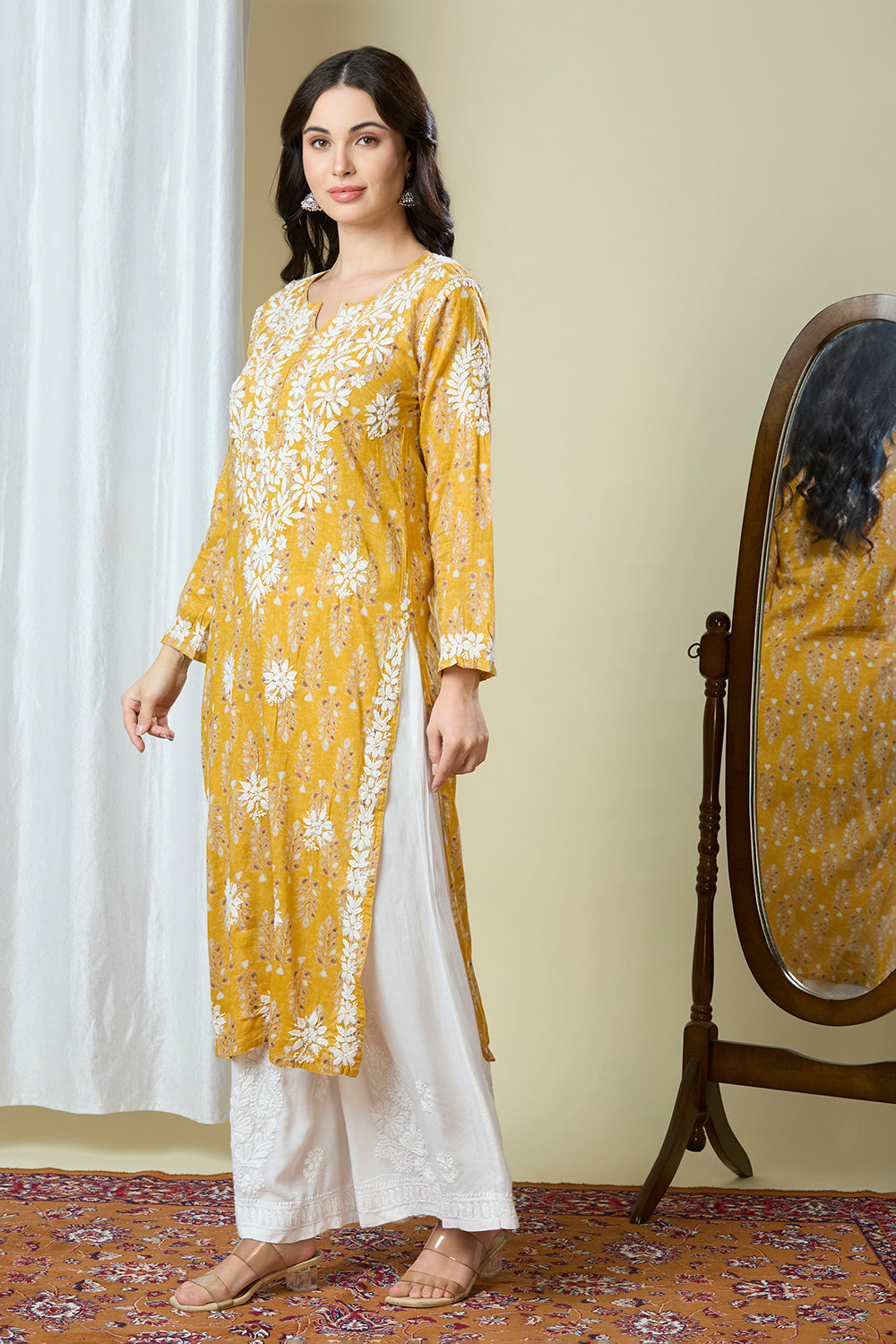 Saanjh – Mustard Yellow Mul Cotton Kurta with Chikankari