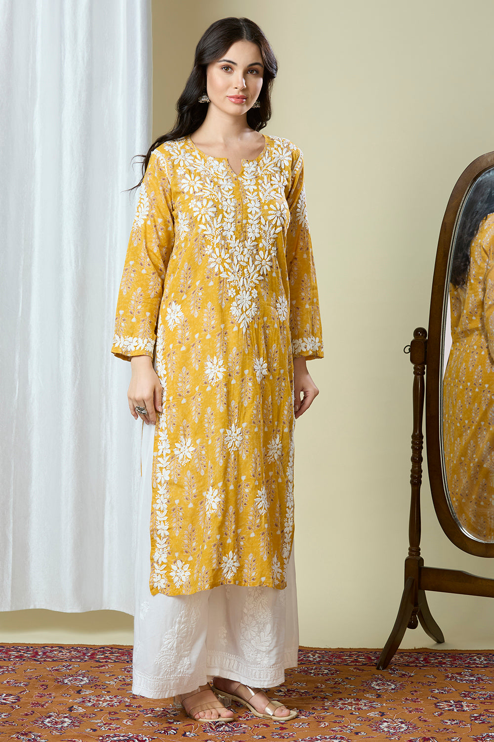 Saanjh – Mustard Yellow Mul Cotton Kurta with Chikankari