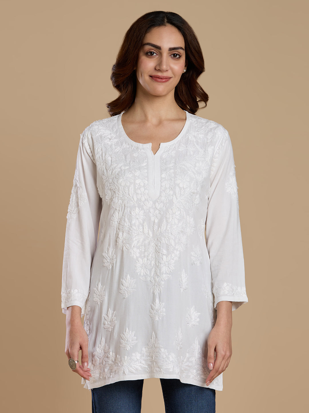 Ivory Hand-Embroidered Chikankari Short Kurta