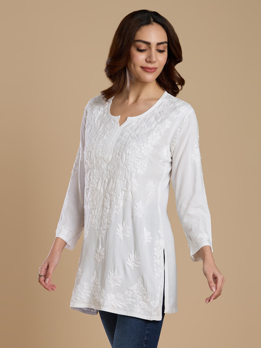 Ivory Hand-Embroidered Chikankari Short Kurta