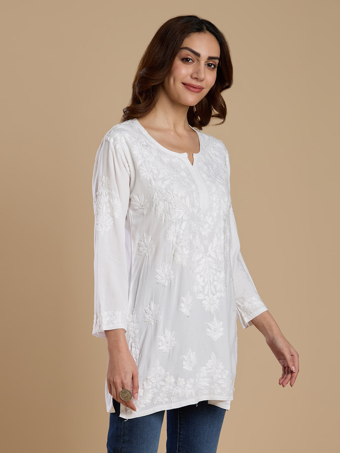 Ivory Hand-Embroidered Chikankari Short Kurta