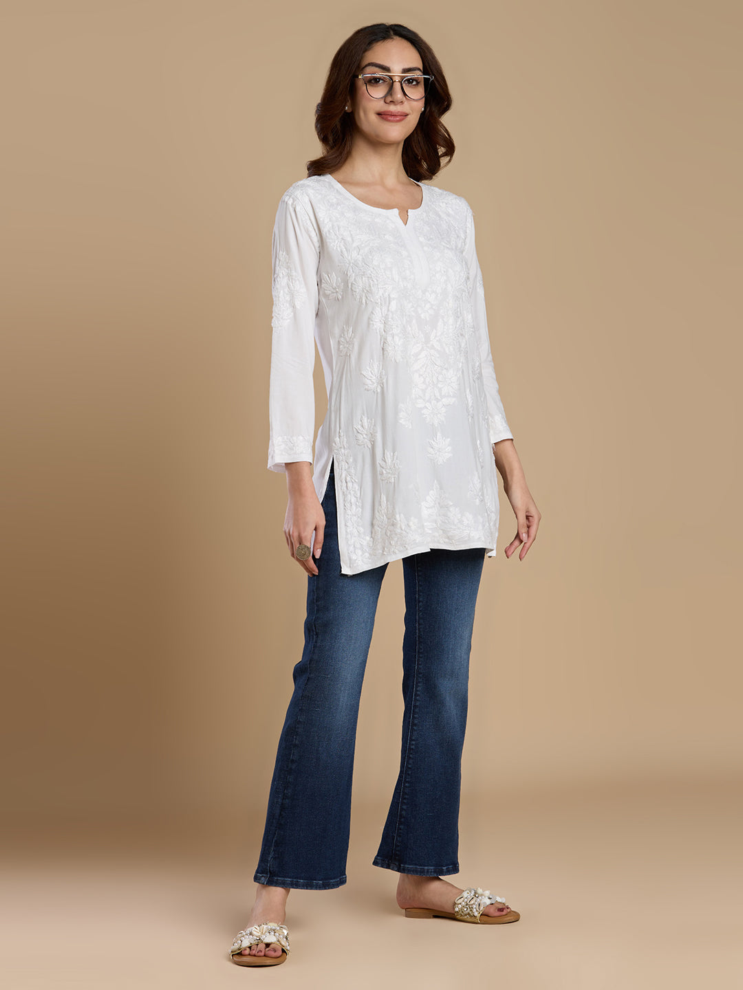 Ivory Hand-Embroidered Chikankari Short Kurta