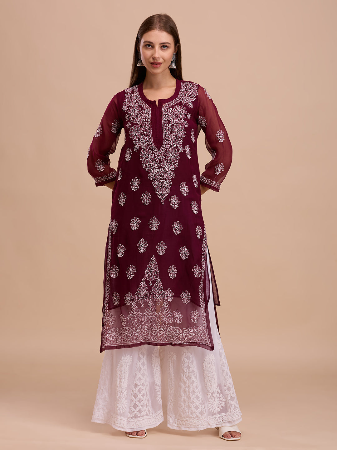 Wine Georgette Chikankari Kurta