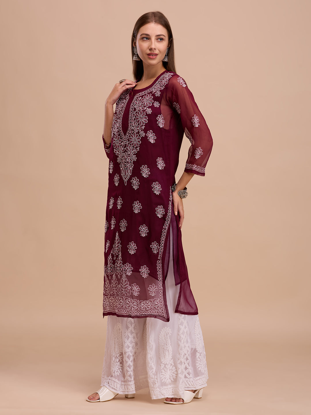 Wine Georgette Chikankari Kurta