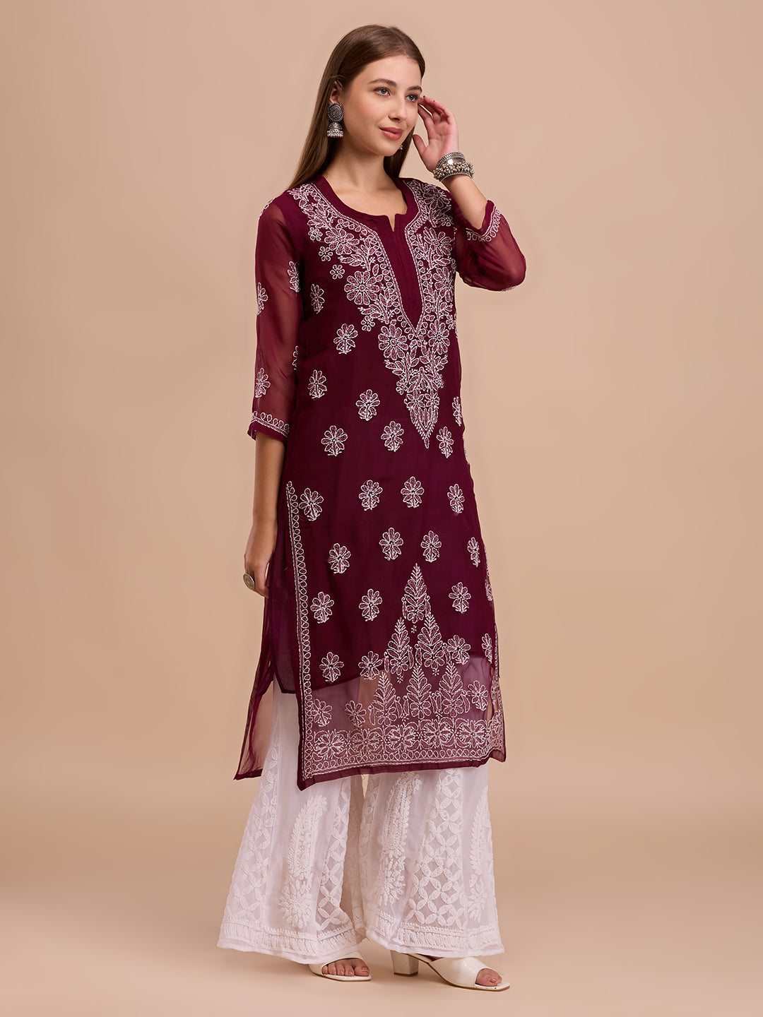 Wine Georgette Chikankari Kurta