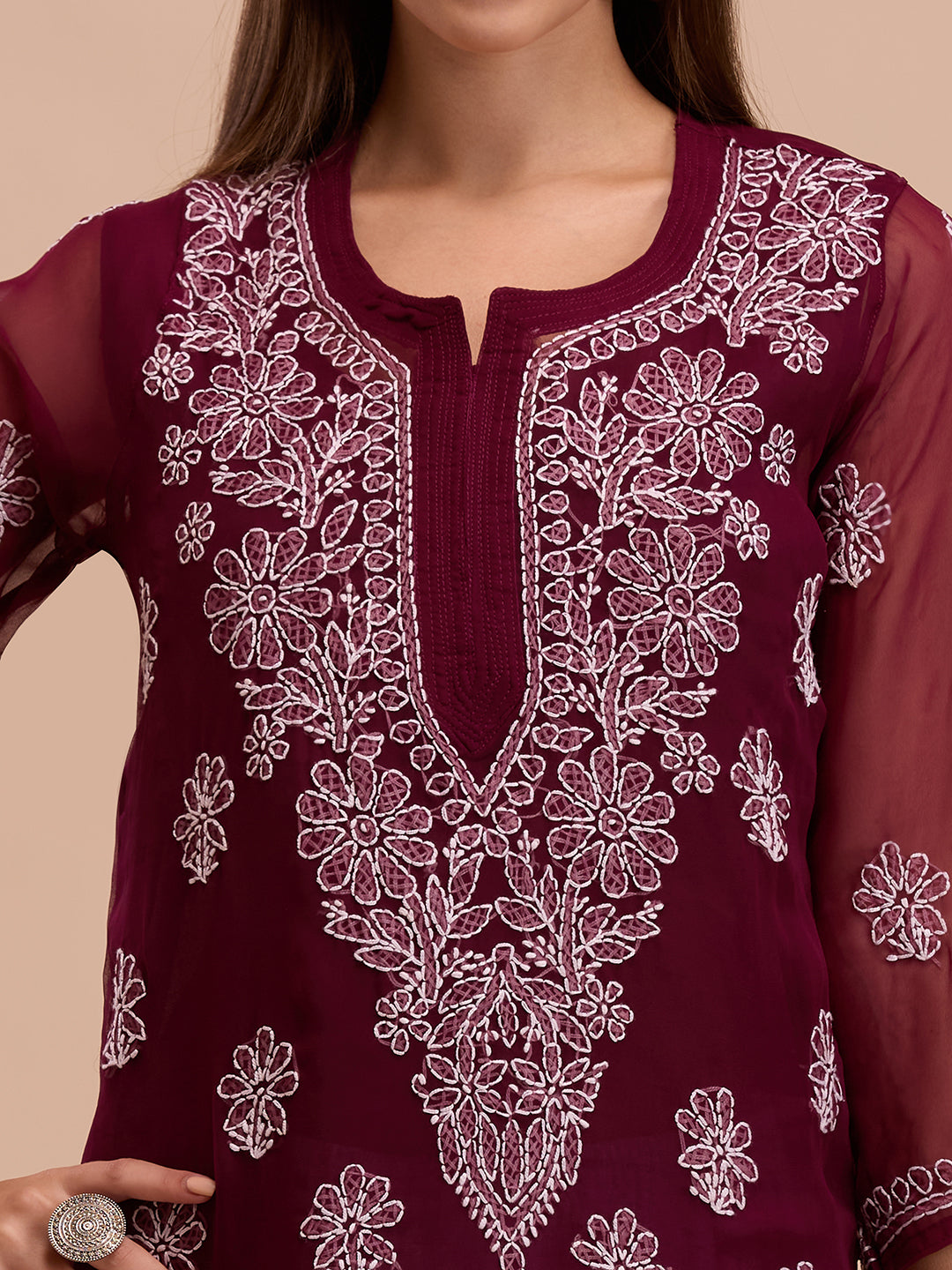 Wine Georgette Chikankari Kurta