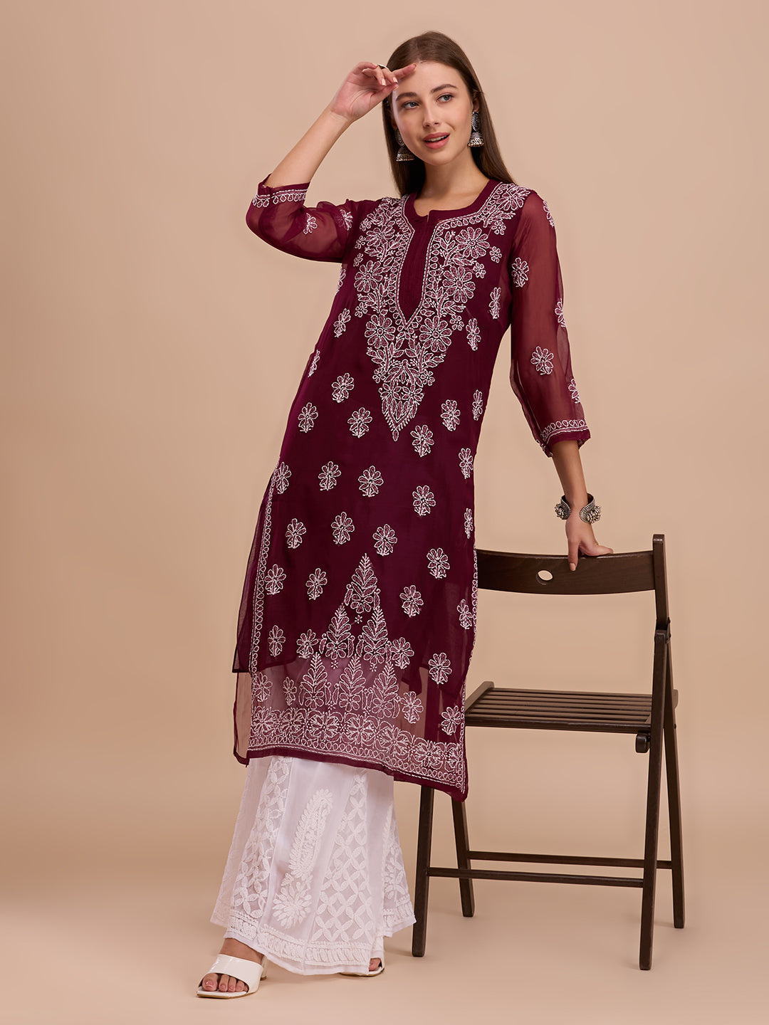 Wine Georgette Chikankari Kurta