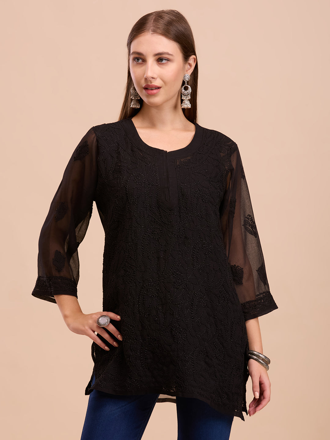 Black Georgette Short Chikankari Kurta