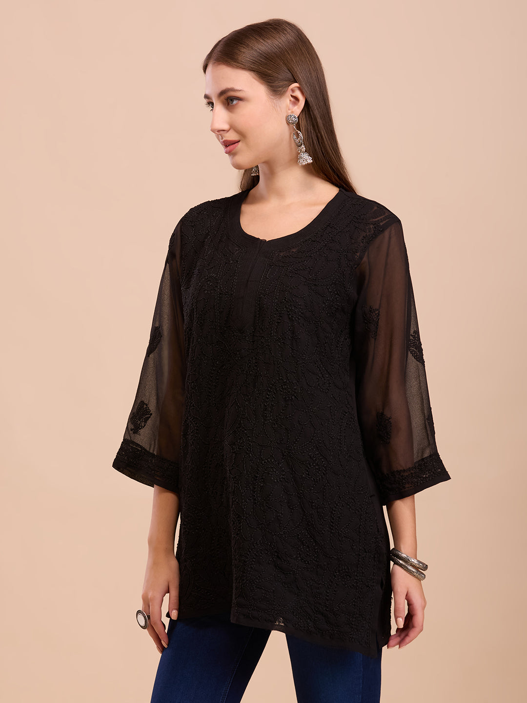 Black Georgette Short Chikankari Kurta
