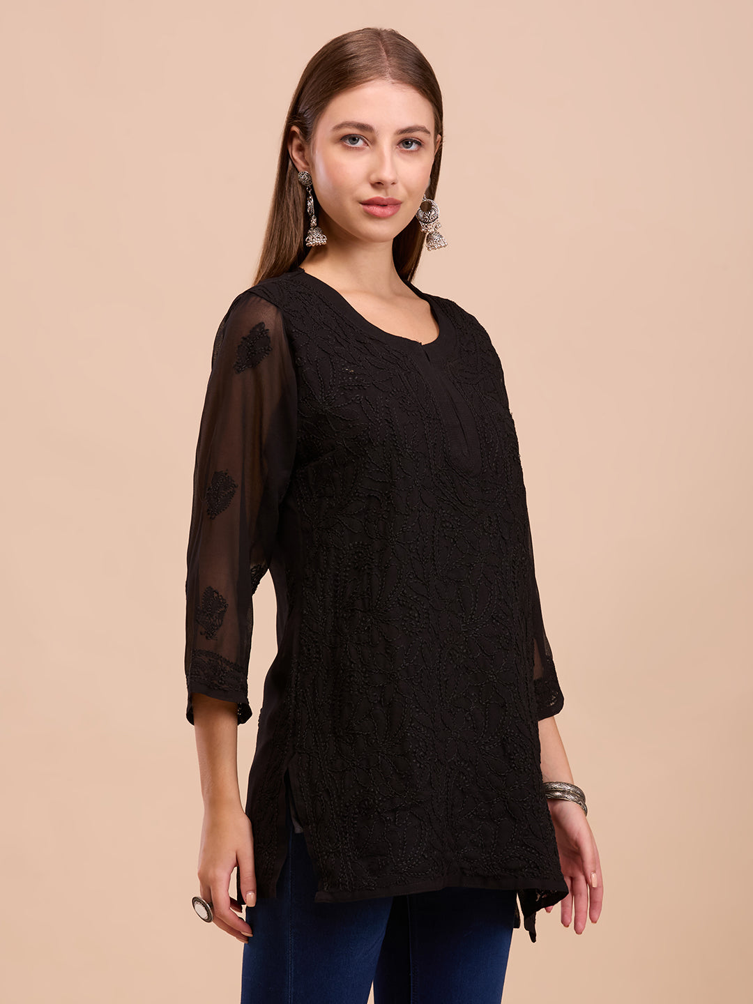 Black Georgette Short Chikankari Kurta