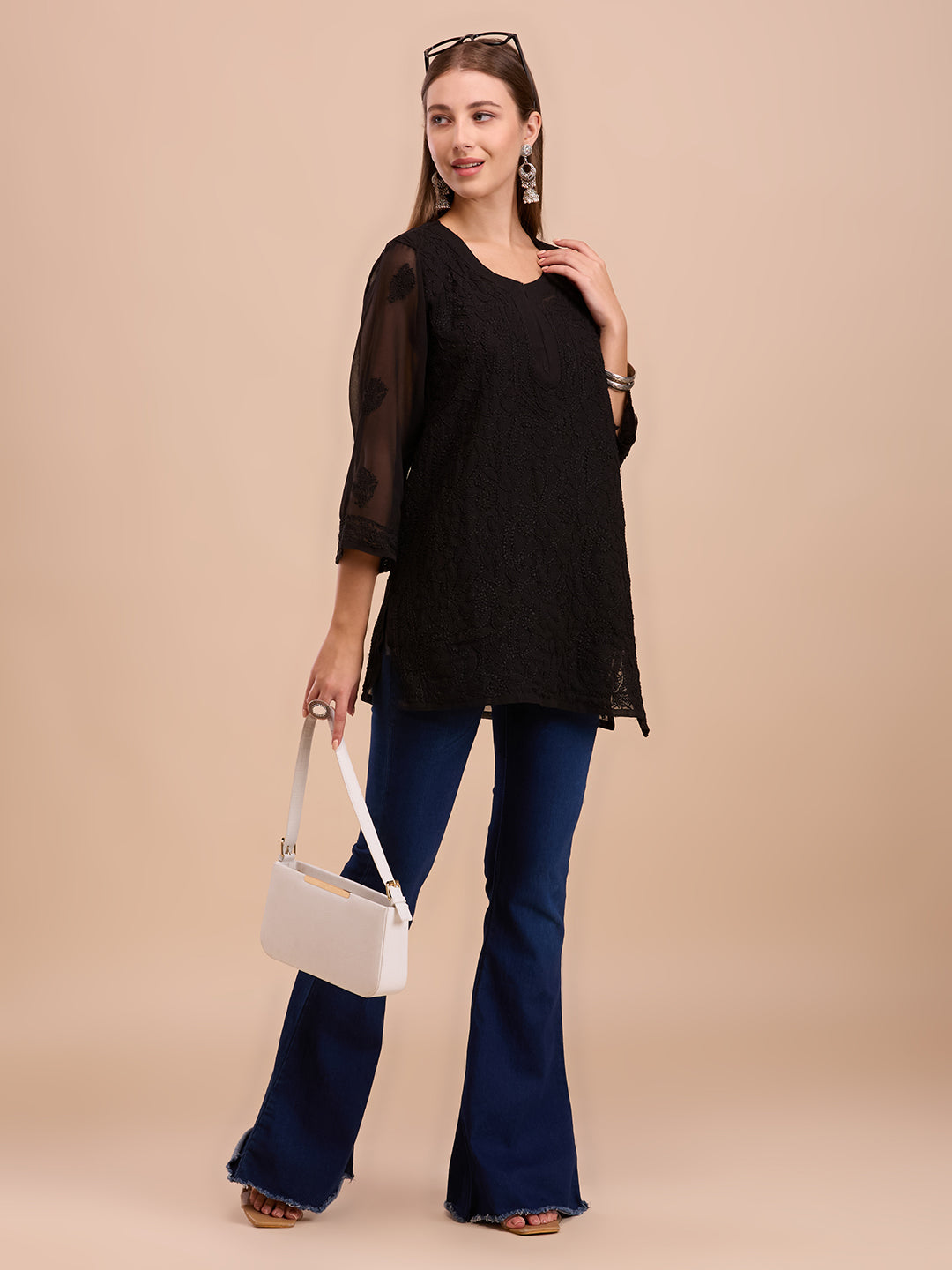 Black Georgette Short Chikankari Kurta