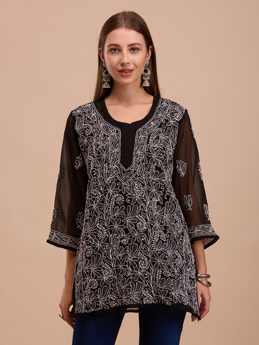 White On Black Georgette Short Chikankari Kurta