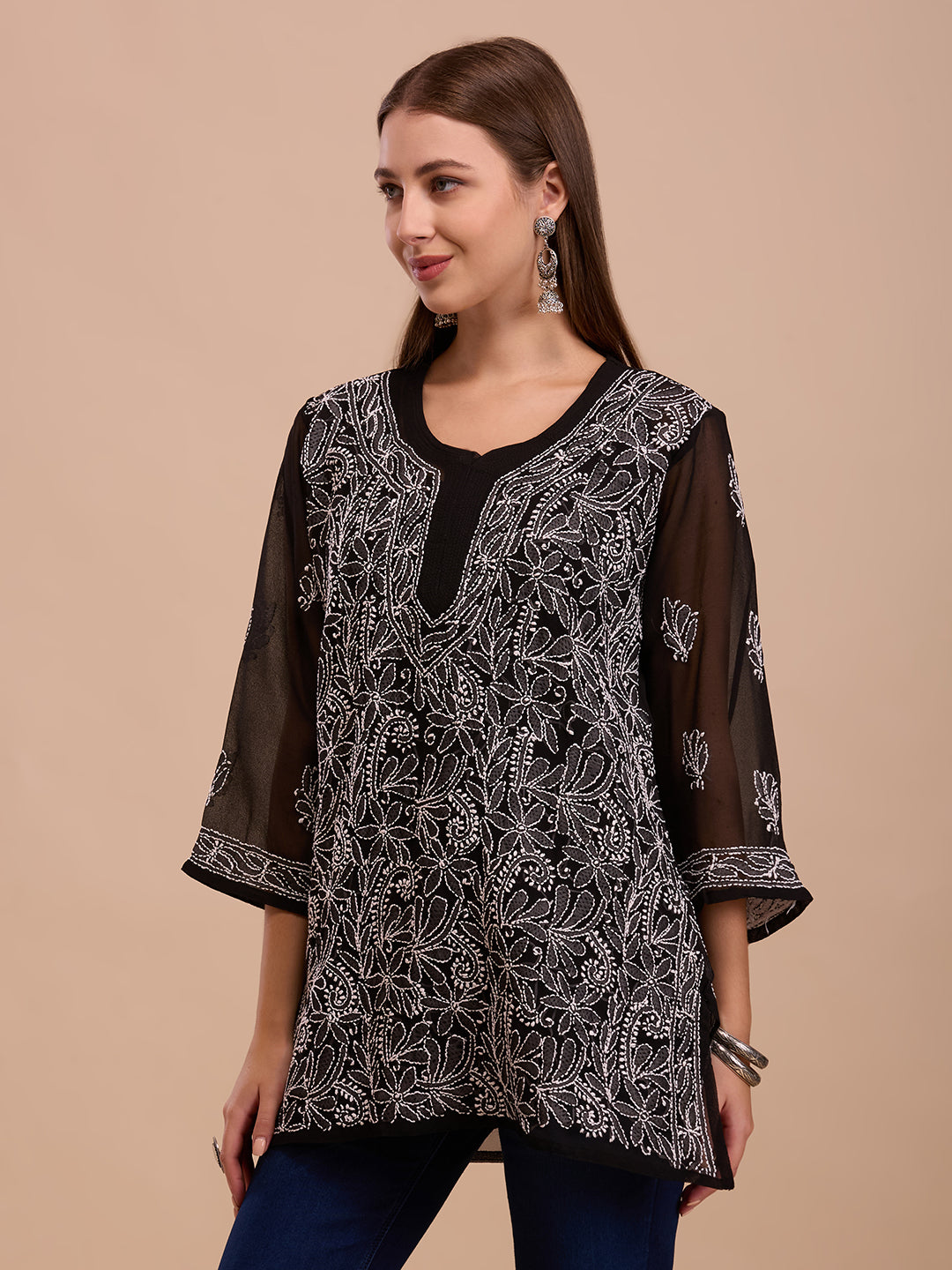 White On Black Georgette Short Chikankari Kurta