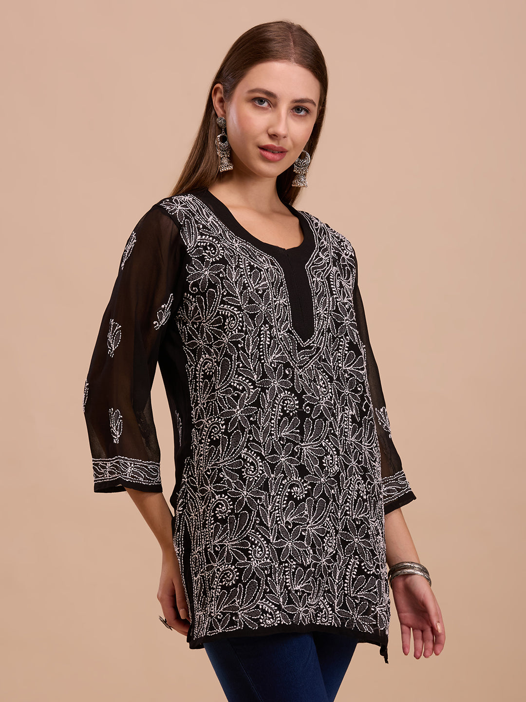 White On Black Georgette Short Chikankari Kurta