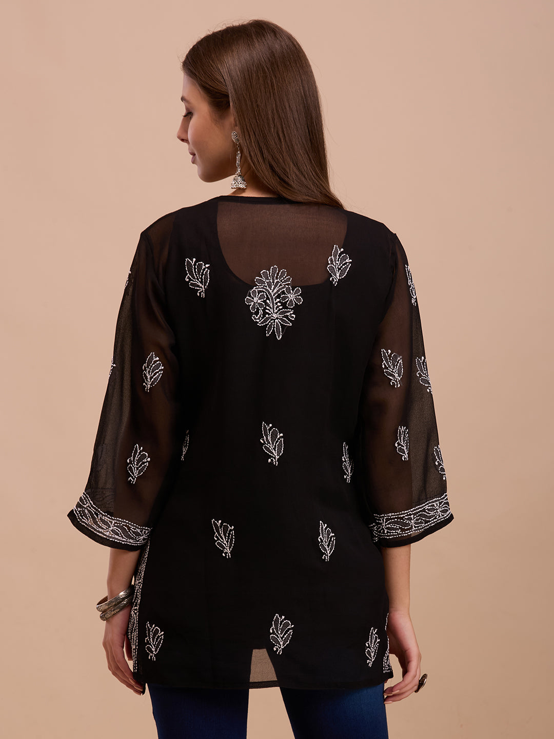 White On Black Georgette Short Chikankari Kurta