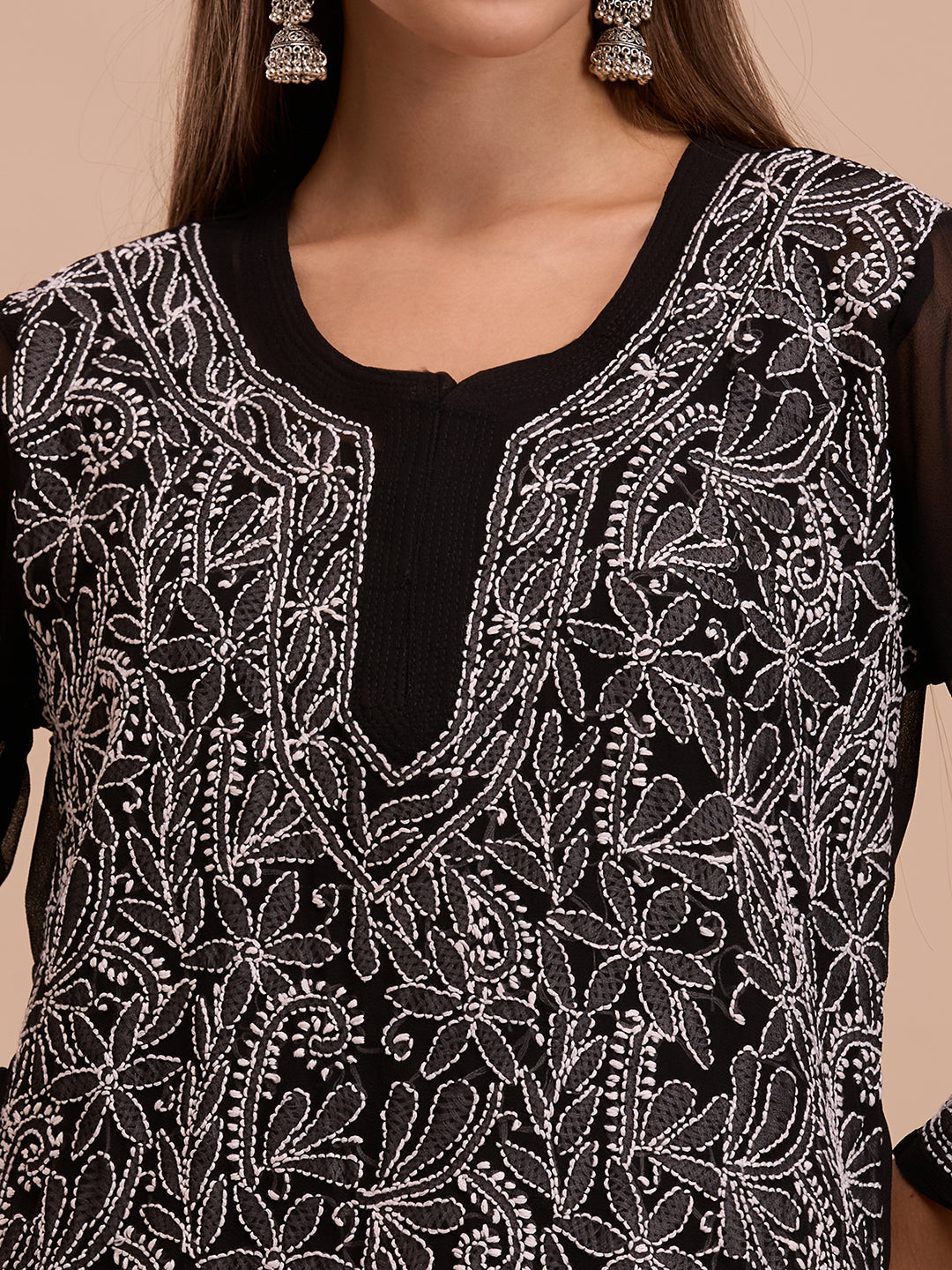 White On Black Georgette Short Chikankari Kurta