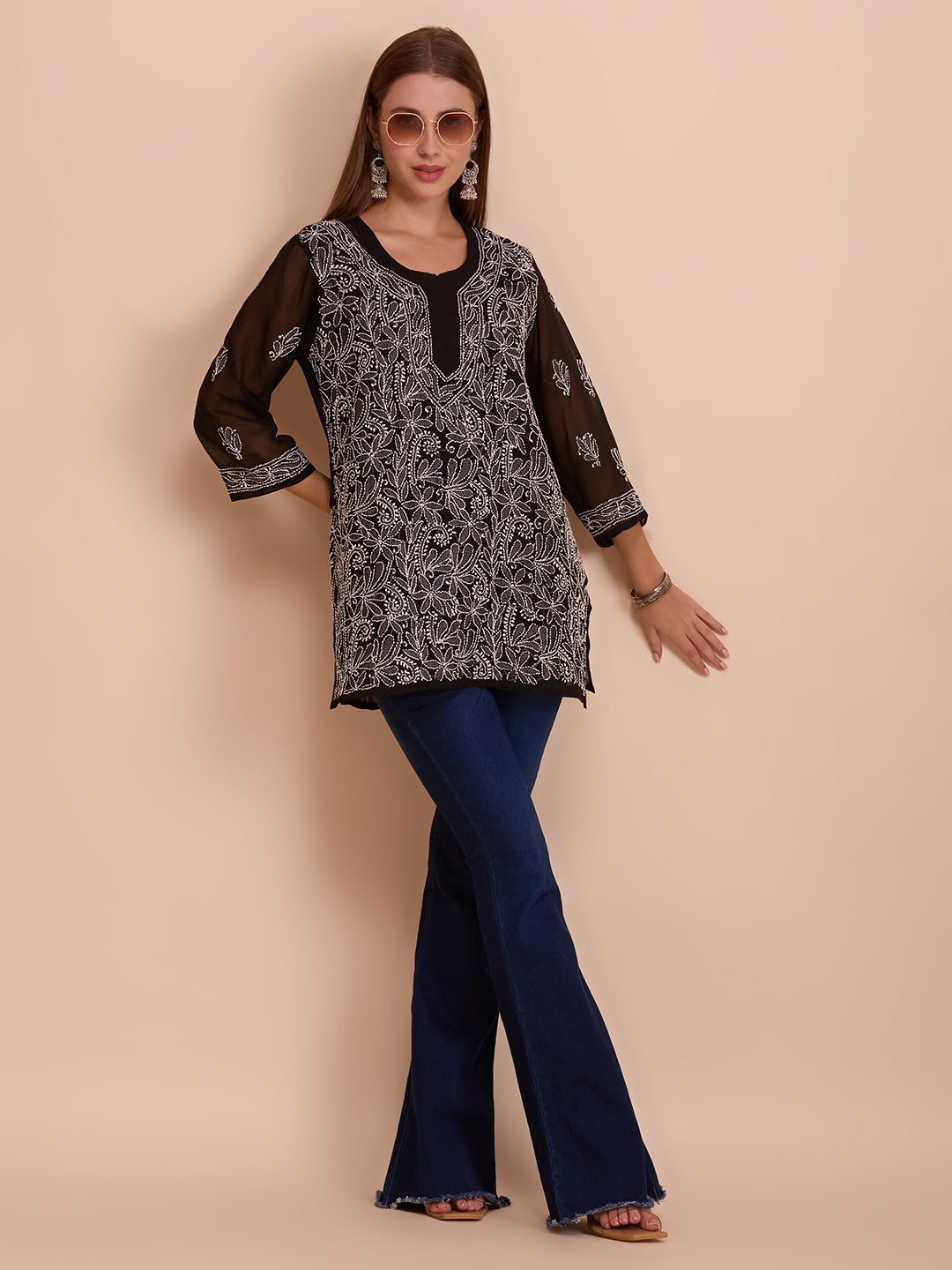 White On Black Georgette Short Chikankari Kurta