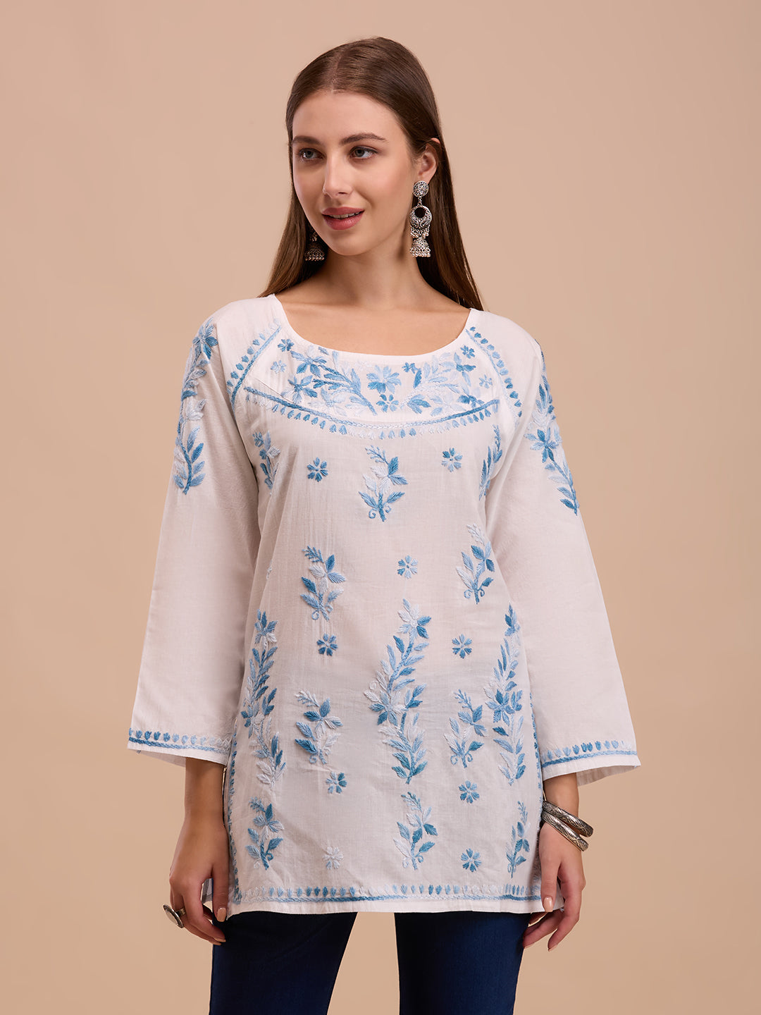 Blue On White Short Lucknowi Chikankari Kurta