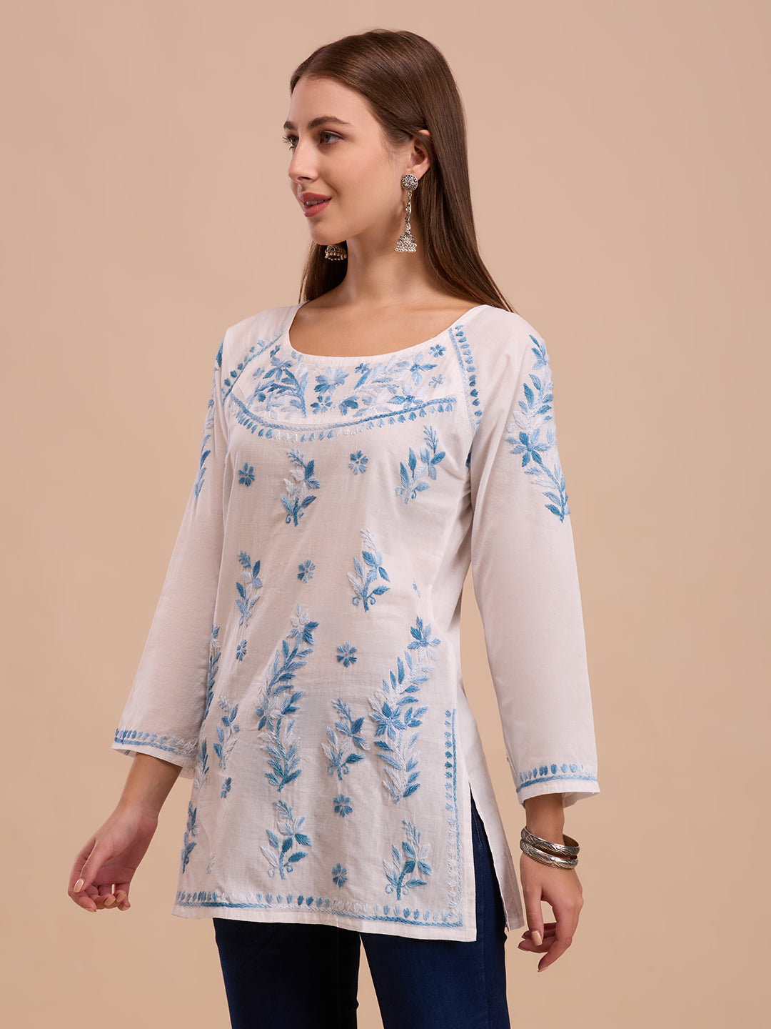Blue On White Short Lucknowi Chikankari Kurta