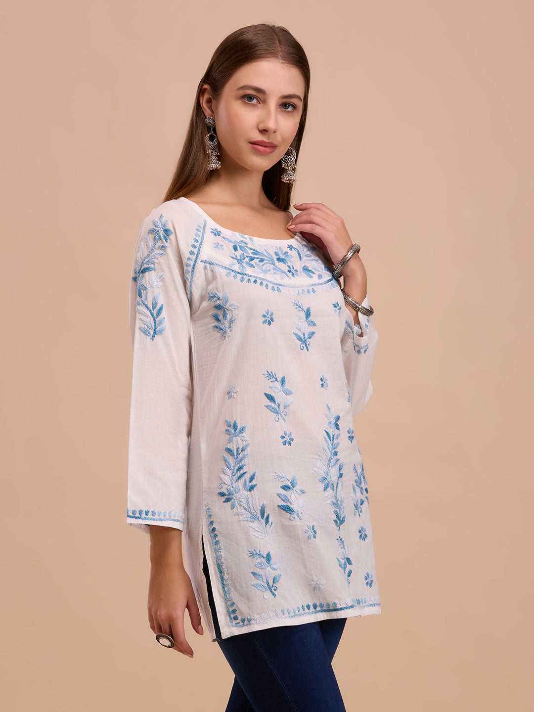 Blue On White Short Lucknowi Chikankari Kurta