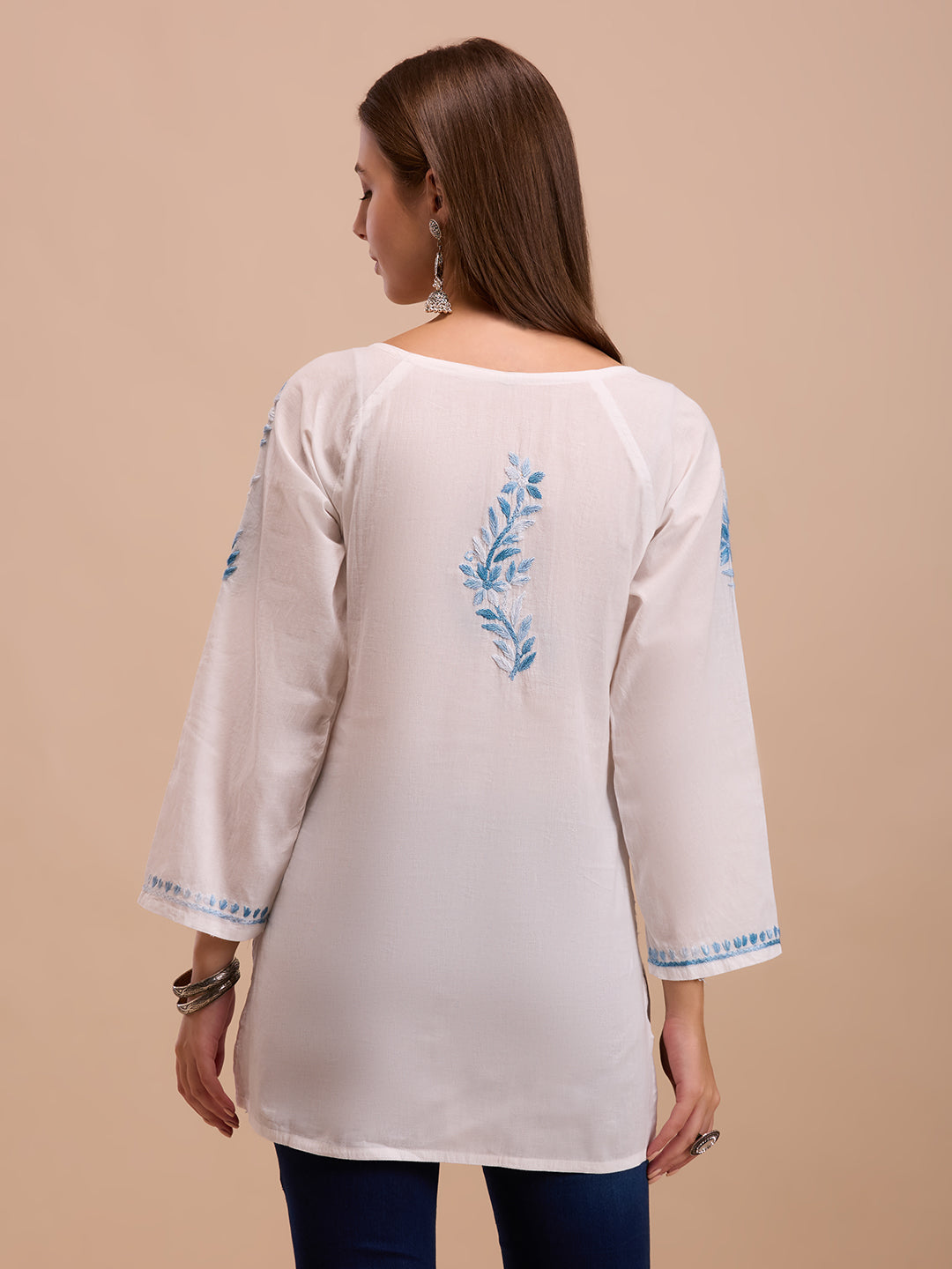 Blue On White Short Lucknowi Chikankari Kurta