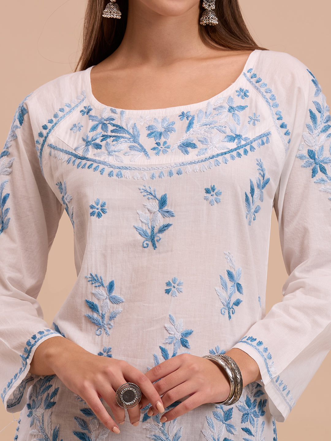 Blue On White Short Lucknowi Chikankari Kurta