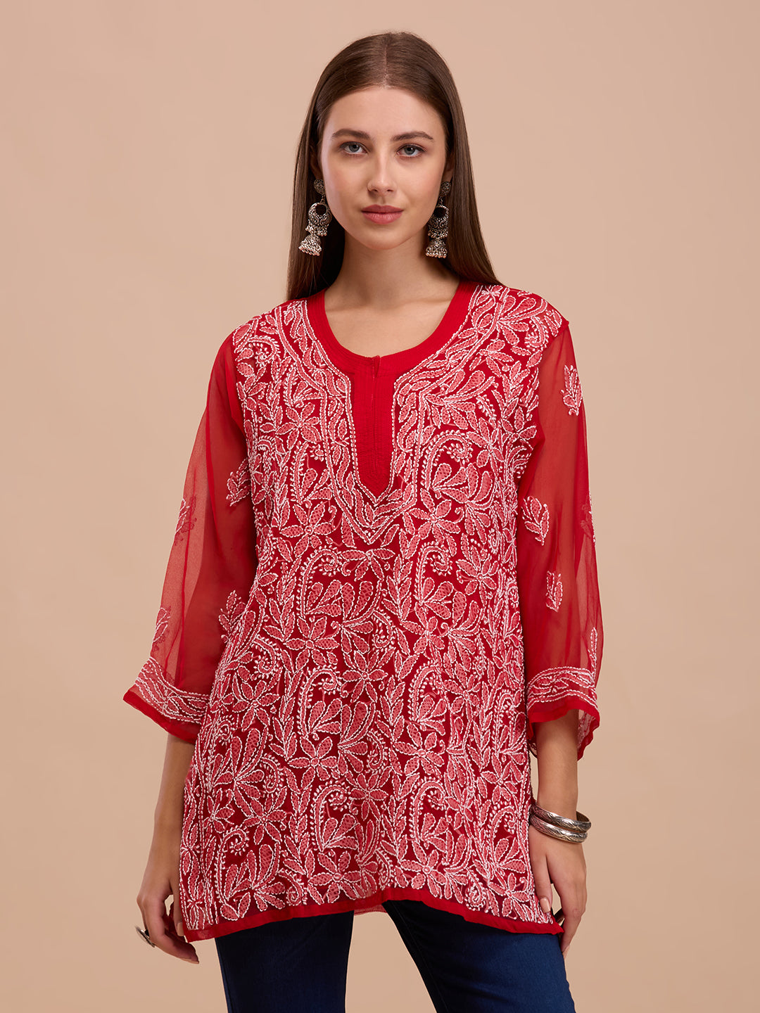 White On Red Georgette Short Lucknowi Chikankari Kurta