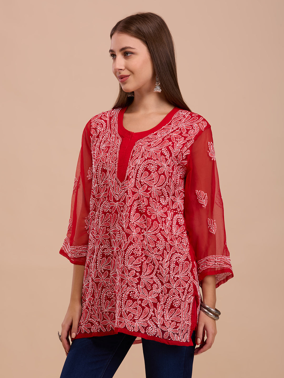 White On Red Georgette Short Lucknowi Chikankari Kurta