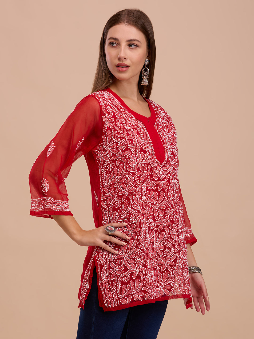White On Red Georgette Short Lucknowi Chikankari Kurta