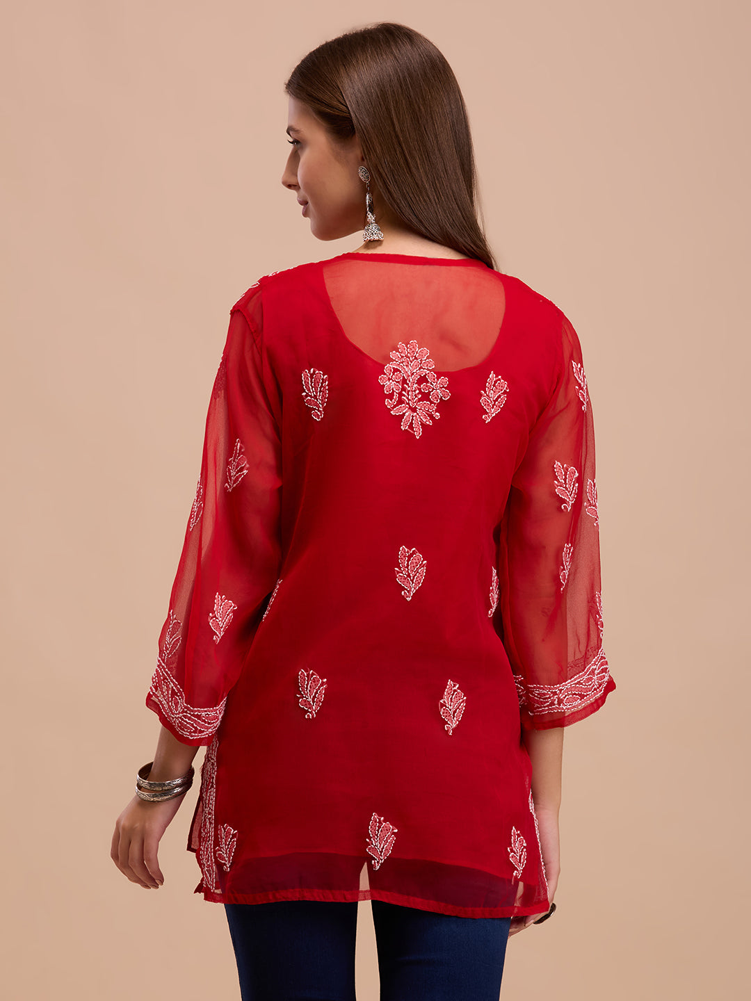White On Red Georgette Short Lucknowi Chikankari Kurta